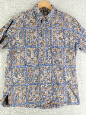 Kahala Shirt Mens Large Blue Graphic Reverse Print Popover Fish Greek Retro